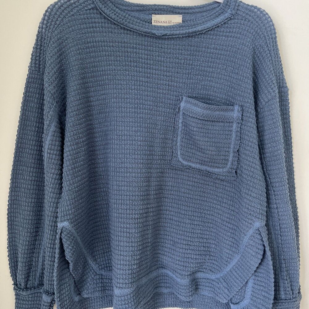 Zenana S/M Dusty Blue Raised Ribbing Long Sleeve Top With Front Pocket Side Slit